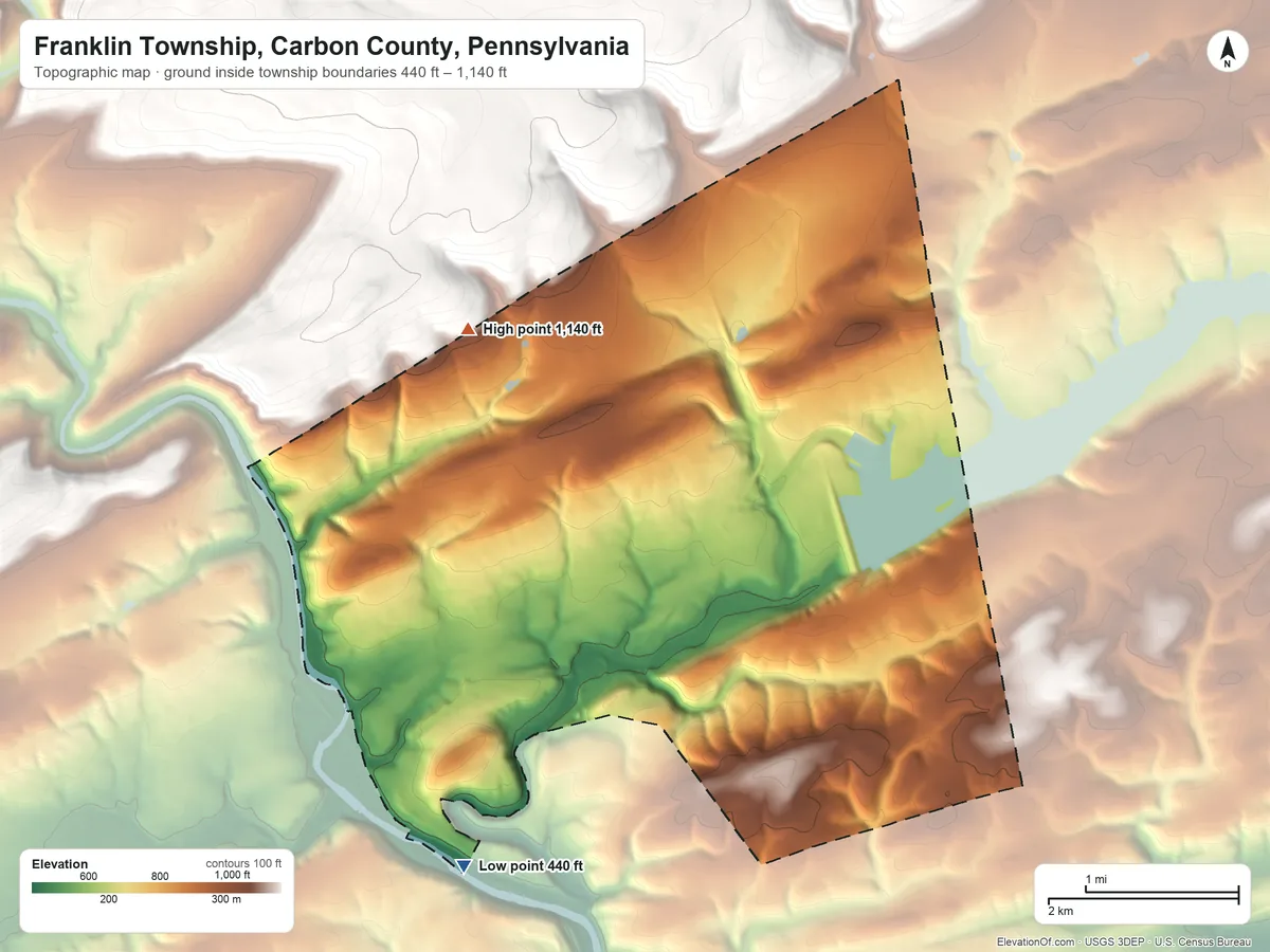 Topographic elevation map of Franklin Township, Carbon County, Pennsylvania, shaded from 440 ft on the southwest side to 1,140 ft at the foot of the Indian Hills