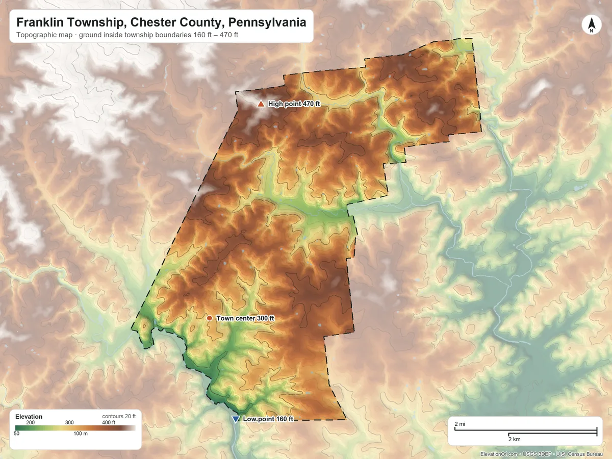 Topographic elevation map of Franklin Township, Chester County, Pennsylvania, shaded from 160 ft on the south side to 470 ft on the north side