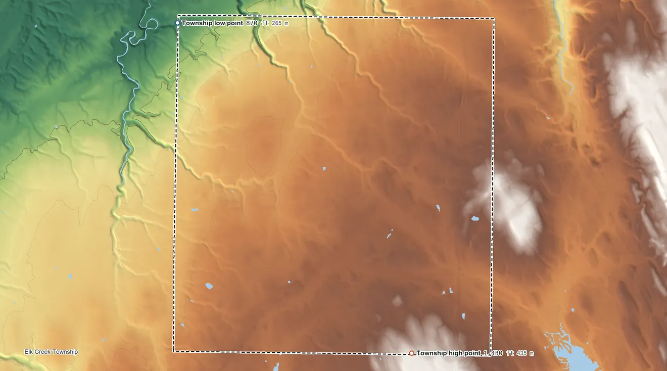 Topographic elevation map of Franklin Township, Erie County, Pennsylvania, shaded from 870 ft on the northwest side to 1,430 ft on the southeast side