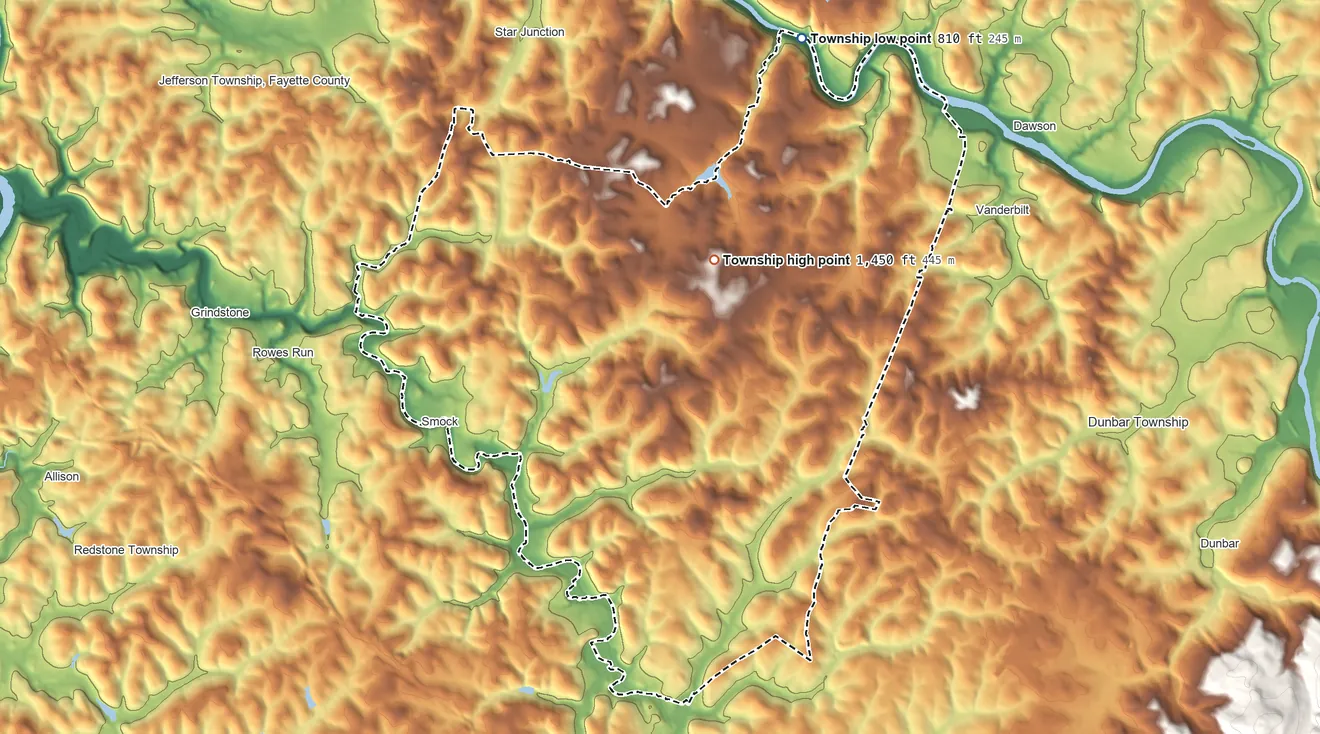 Topographic elevation map of Franklin Township, Fayette County, Pennsylvania, shaded from 810 ft on the northeast side to 1,450 ft on the northeast side