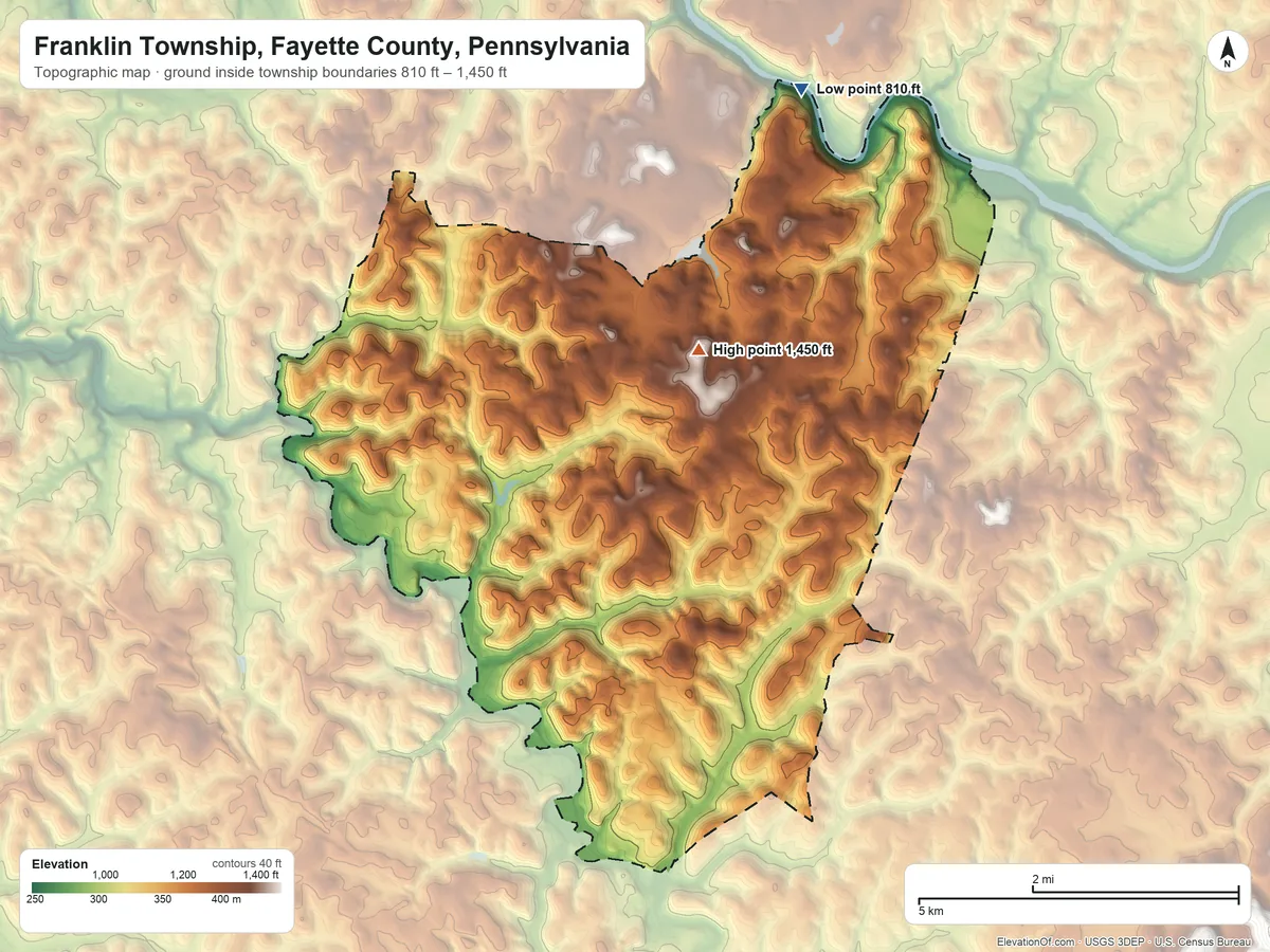 Topographic elevation map of Franklin Township, Fayette County, Pennsylvania, shaded from 810 ft on the northeast side to 1,450 ft on the northeast side