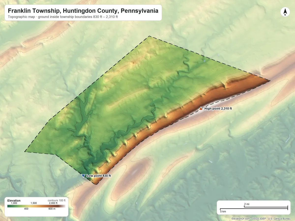 Topographic elevation map of Franklin Township, Huntingdon County, Pennsylvania, shaded from 830 ft on the southwest side to 2,310 ft on the east side