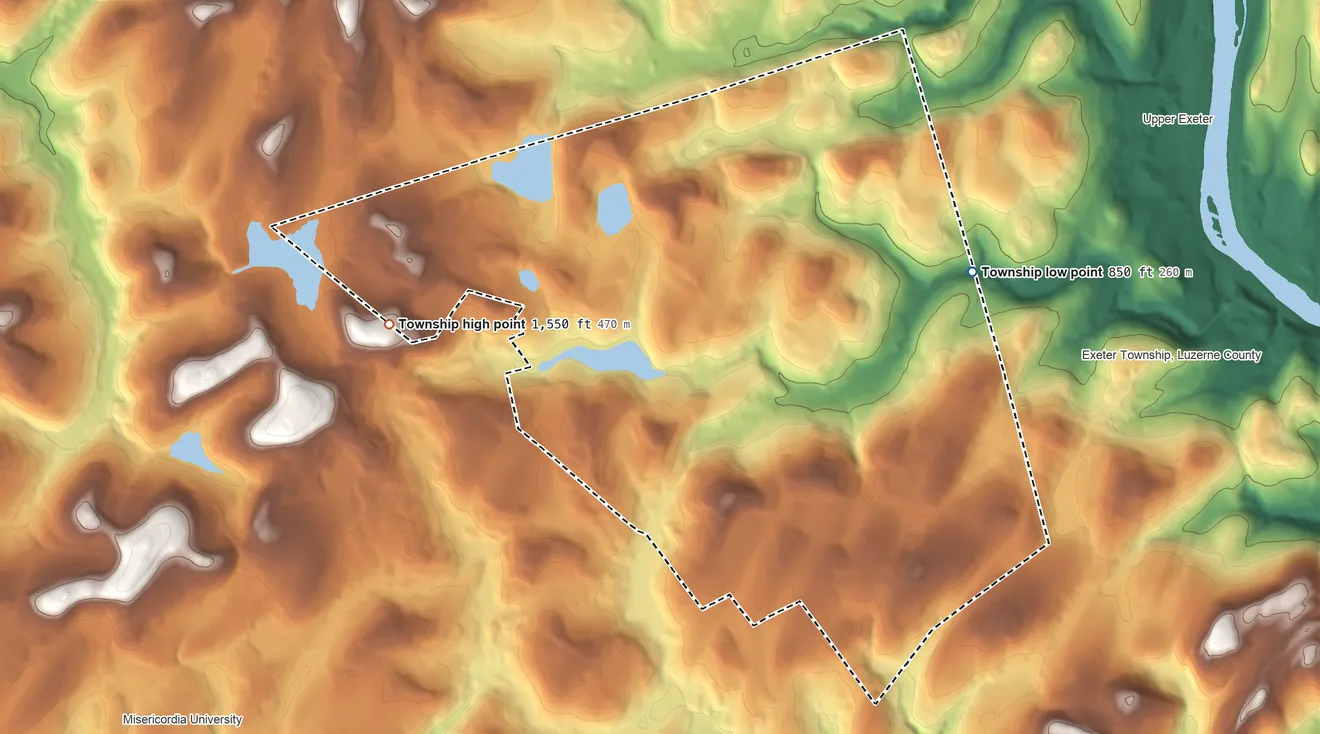 Topographic elevation map of Franklin Township, Luzerne County, Pennsylvania, shaded from 850 ft on the northeast side to 1,550 ft on the west side