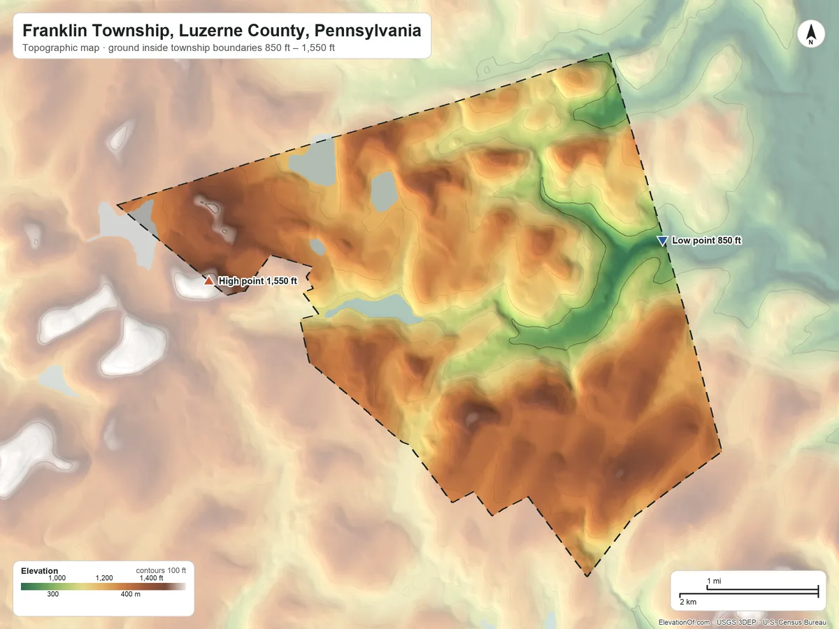 Topographic elevation map of Franklin Township, Luzerne County, Pennsylvania, shaded from 850 ft on the northeast side to 1,550 ft on the west side