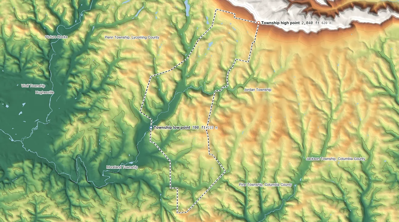 Topographic elevation map of Franklin Township, Lycoming County, Pennsylvania, shaded from 700 ft on the southwest side to 2,040 ft at the foot of the Muncy Hills