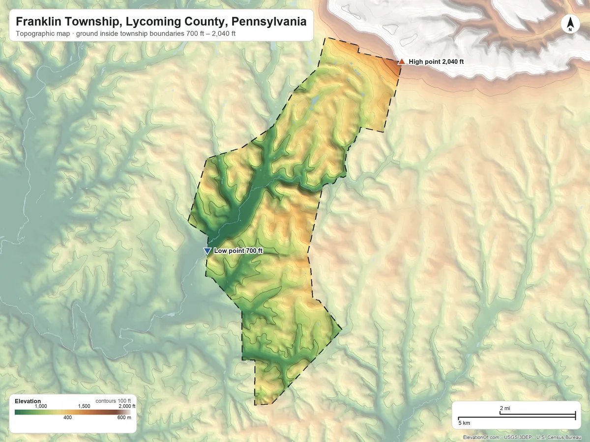 Topographic elevation map of Franklin Township, Lycoming County, Pennsylvania, shaded from 700 ft on the southwest side to 2,040 ft at the foot of the Muncy Hills