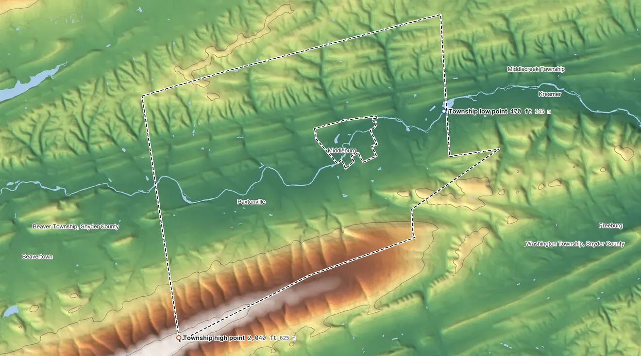 Topographic elevation map of Franklin Township, Snyder County, Pennsylvania, shaded from 470 ft on the east side to 2,040 ft on the southwest side