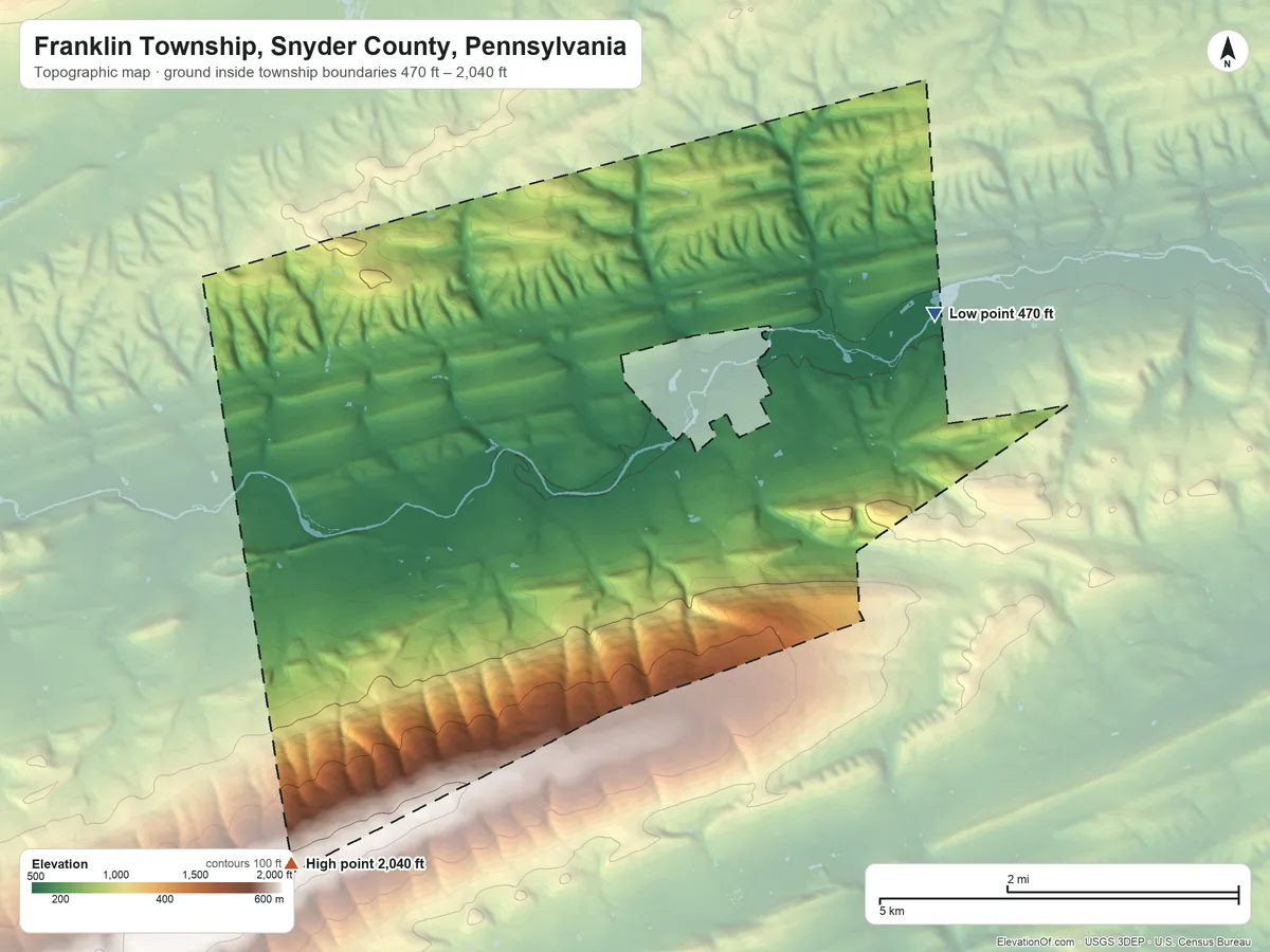 Topographic elevation map of Franklin Township, Snyder County, Pennsylvania, shaded from 470 ft on the east side to 2,040 ft on the southwest side