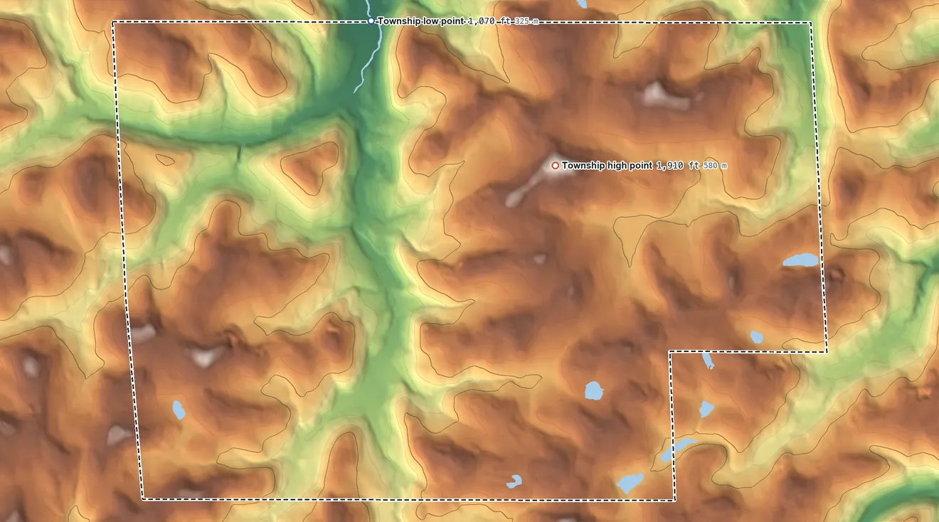 Topographic elevation map of Franklin Township, Susquehanna County, Pennsylvania, shaded from 1,070 ft on the north side to 1,910 ft on the northeast side