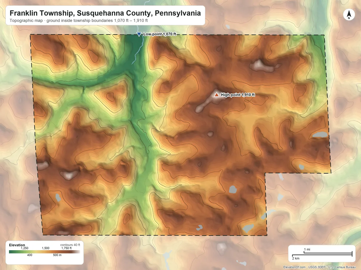 Topographic elevation map of Franklin Township, Susquehanna County, Pennsylvania, shaded from 1,070 ft on the north side to 1,910 ft on the northeast side
