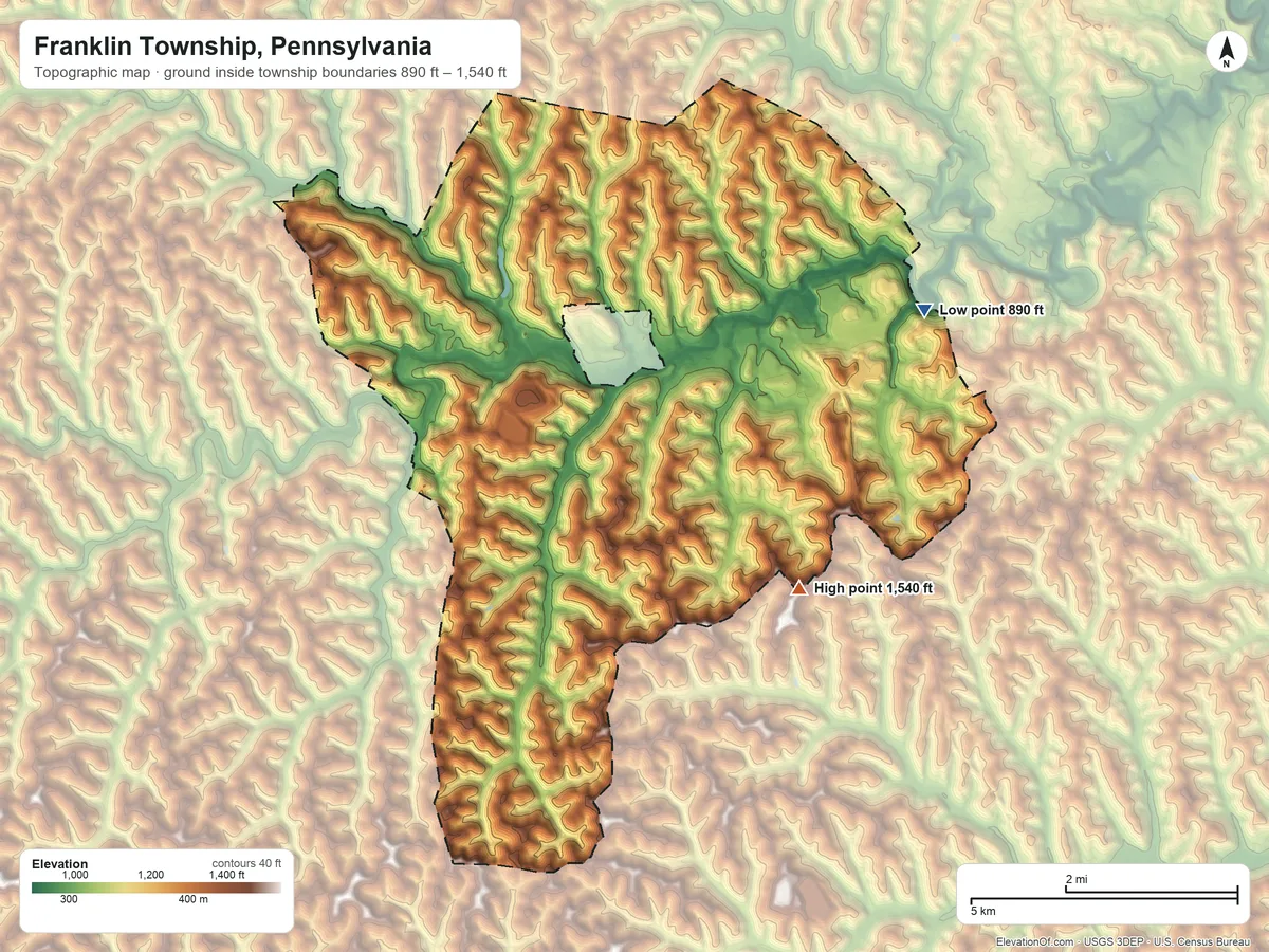 Topographic elevation map of Franklin Township, Pennsylvania, shaded from 890 ft on the east side to 1,540 ft on the south side