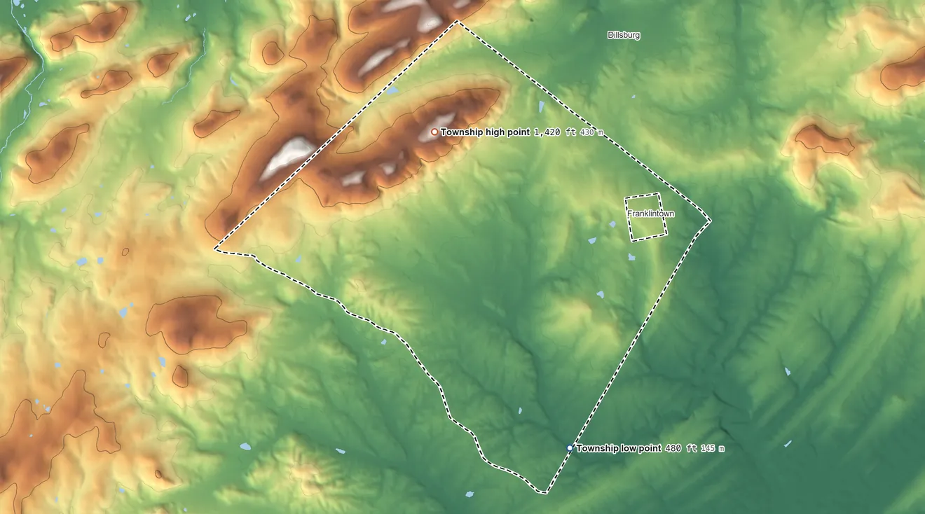 Topographic elevation map of Franklin Township, York County, Pennsylvania, shaded from 480 ft on the southeast side to 1,420 ft on the northwest side