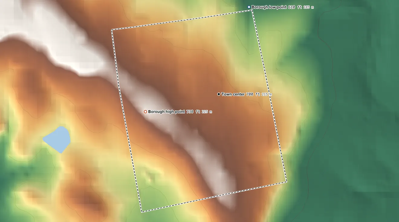 Topographic elevation map of Franklintown, Pennsylvania, shaded from 610 ft on the north side to 730 ft on the west side