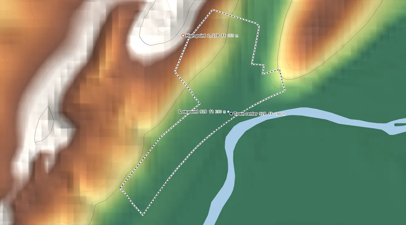 Topographic elevation map of Frankstown, Pennsylvania, shaded from 920 ft near the middle to 1,170 ft on the northwest edge, below higher ground just outside