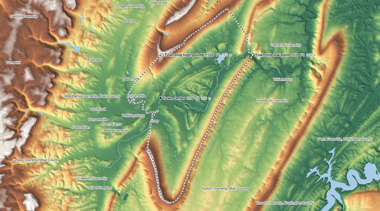 Topographic elevation map of Frankstown Township, Pennsylvania, shaded from 860 ft on the northeast side to 2,500 ft on the north side