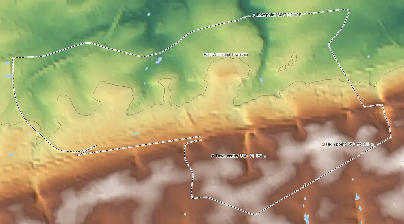 Topographic elevation map of Frazer, Pennsylvania, shaded from 300 ft on the north side to 600 ft on the east side