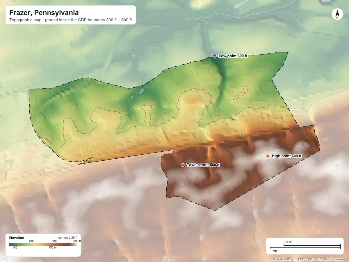 Topographic elevation map of Frazer, Pennsylvania, shaded from 300 ft on the north side to 600 ft on the east side