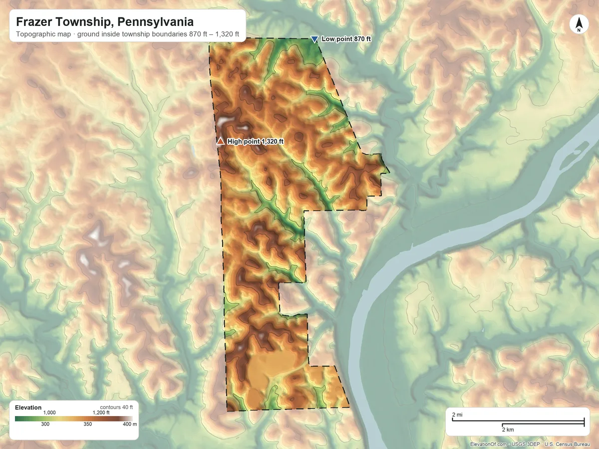 Topographic elevation map of Frazer Township, Pennsylvania, shaded from 870 ft on the north side to 1,320 ft on the northwest side