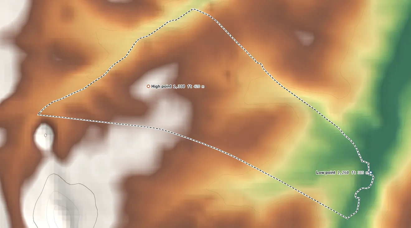 Topographic elevation map of Fredericksburg, Blair County, Pennsylvania, shaded from 1,260 ft on the east side to 1,380 ft at the foot of the Tussey Mountain
