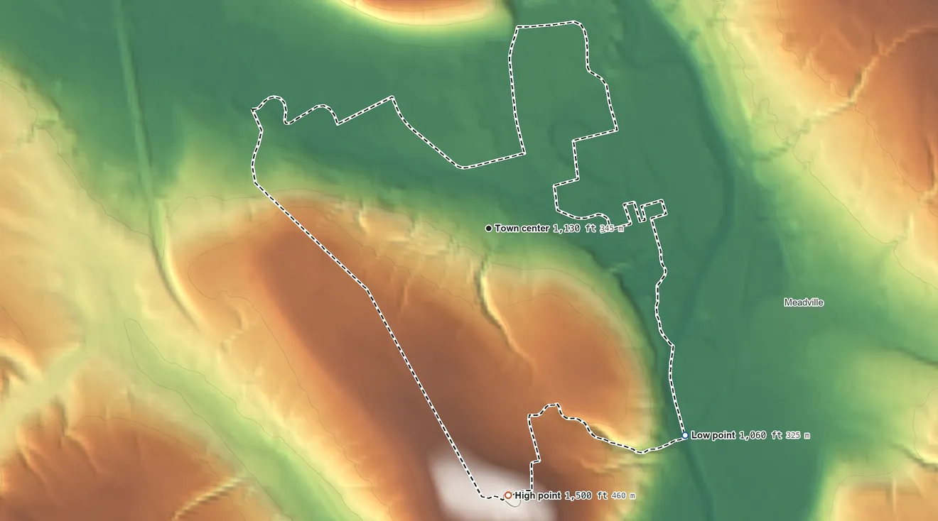 Topographic elevation map of Fredericksburg, Crawford County, Pennsylvania, shaded from 1,060 ft on the southeast side to 1,500 ft on the south side