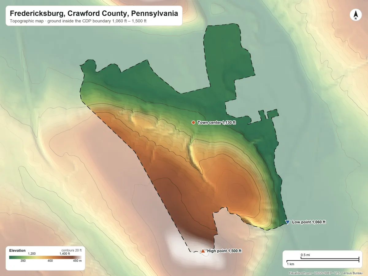 Topographic elevation map of Fredericksburg, Crawford County, Pennsylvania, shaded from 1,060 ft on the southeast side to 1,500 ft on the south side