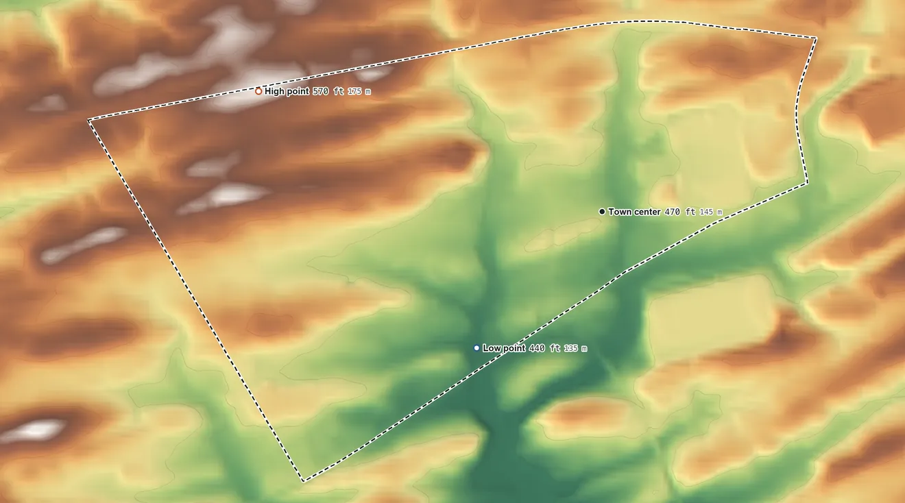 Topographic elevation map of Fredericksburg, Pennsylvania, shaded from 440 ft on the southwest side to 570 ft at the foot of the Bunker Hills