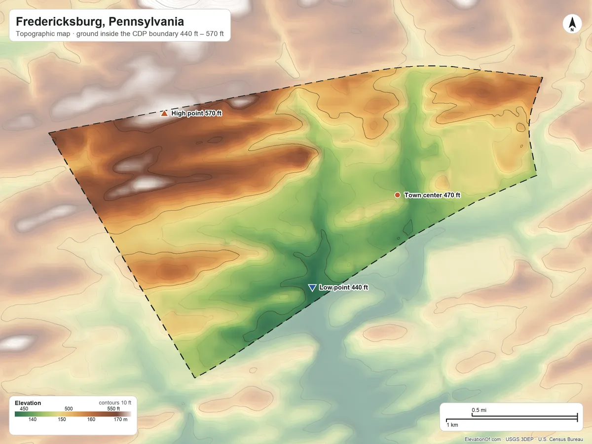 Topographic elevation map of Fredericksburg, Pennsylvania, shaded from 440 ft on the southwest side to 570 ft at the foot of the Bunker Hills