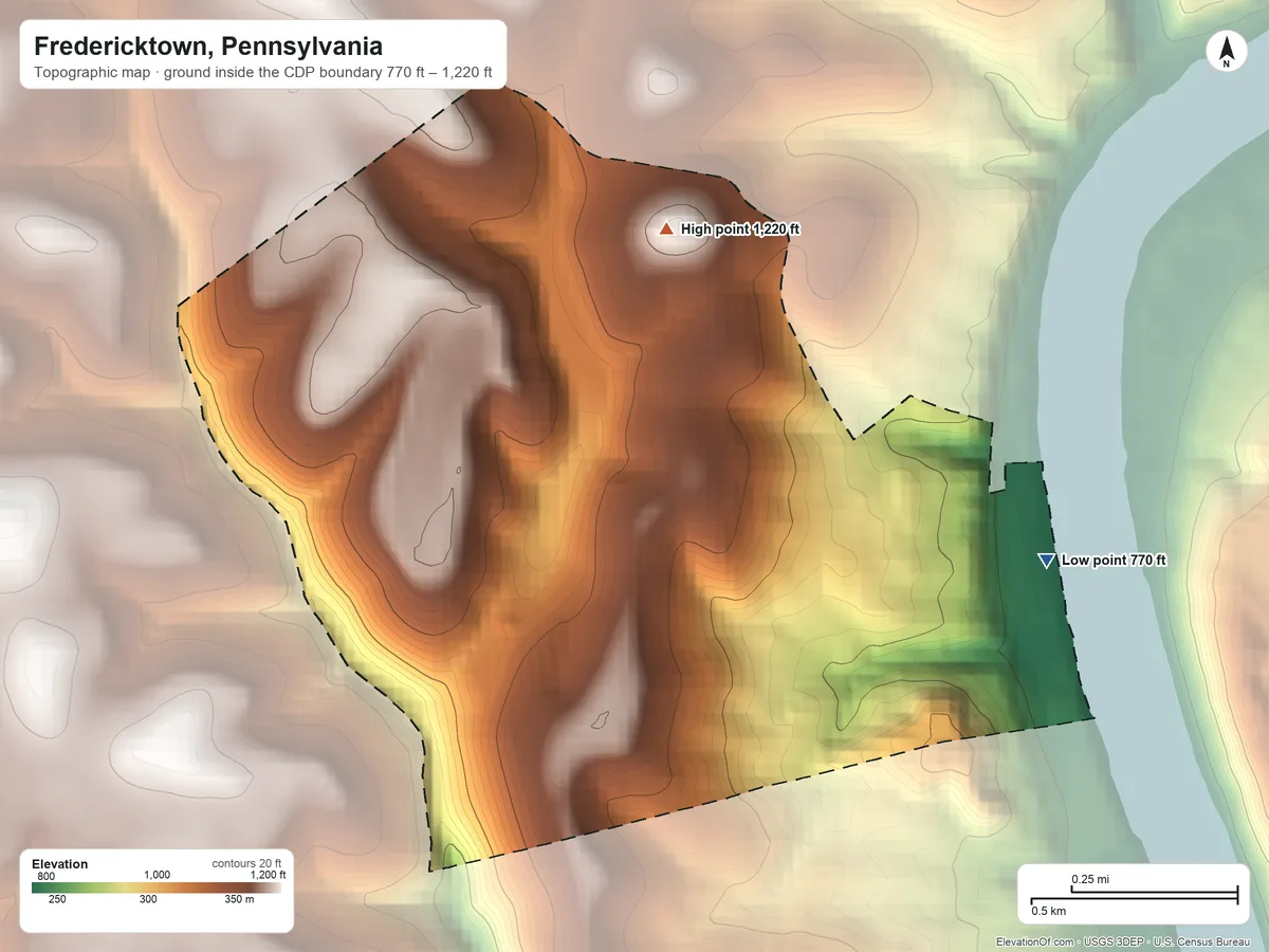 Topographic elevation map of Fredericktown, Pennsylvania, shaded from 770 ft on the east side to 1,220 ft on the north side