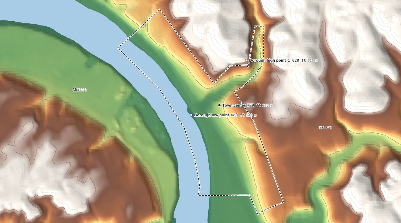 Topographic elevation map of Freedom, Pennsylvania, shaded from 680 ft on the west side to 1,020 ft on the northeast side