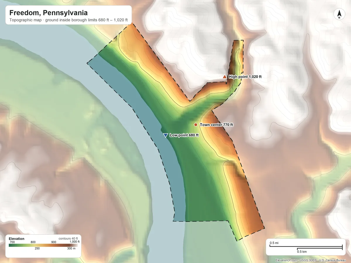 Topographic elevation map of Freedom, Pennsylvania, shaded from 680 ft on the west side to 1,020 ft on the northeast side