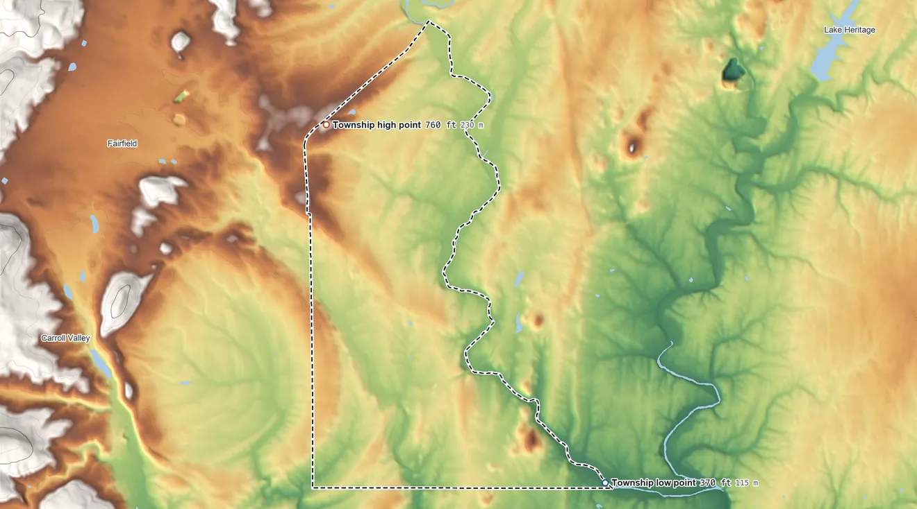 Topographic elevation map of Freedom Township, Adams County, Pennsylvania, shaded from 370 ft on the southeast side to 760 ft on the northwest side