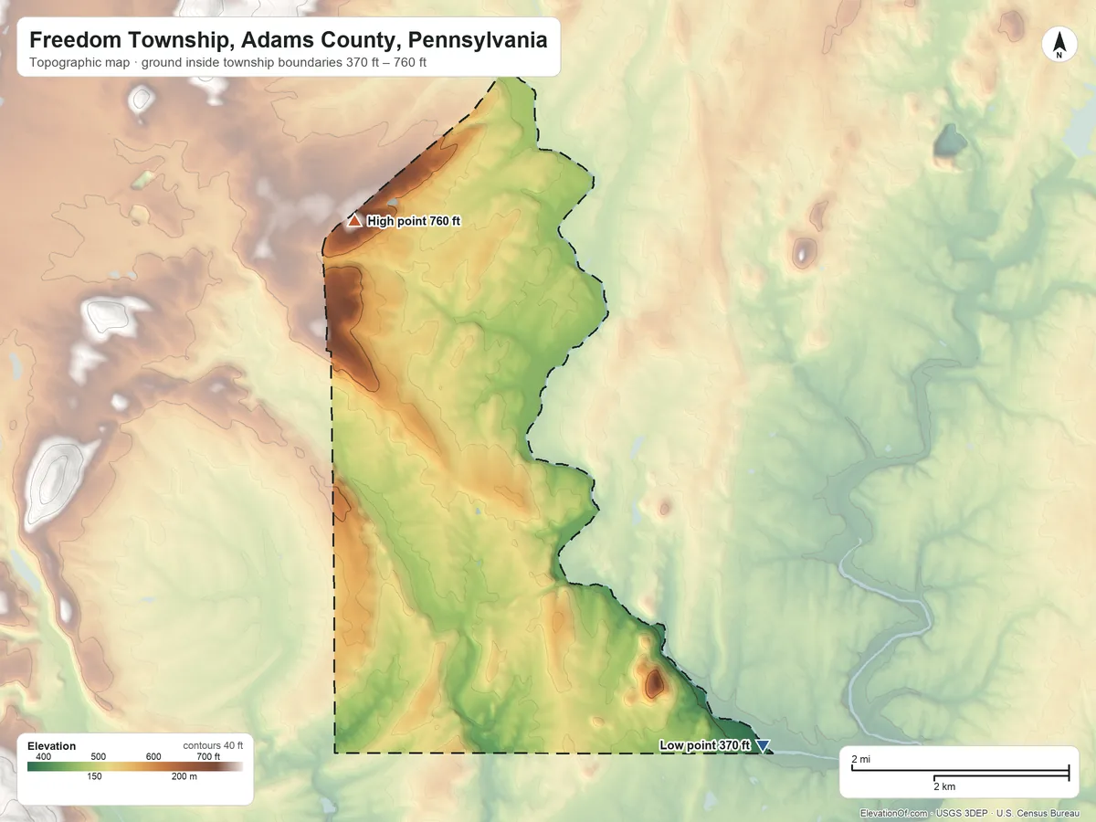 Topographic elevation map of Freedom Township, Adams County, Pennsylvania, shaded from 370 ft on the southeast side to 760 ft on the northwest side