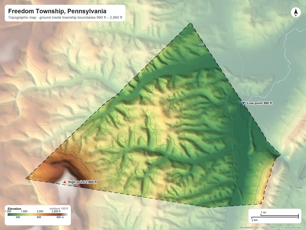 Topographic elevation map of Freedom Township, Pennsylvania, shaded from 990 ft on the northeast side to 2,860 ft on Ritchey Knob
