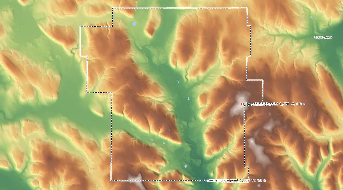 Topographic elevation map of Freehold Township, Pennsylvania, shaded from 1,330 ft on the south side to 1,970 ft on the east side
