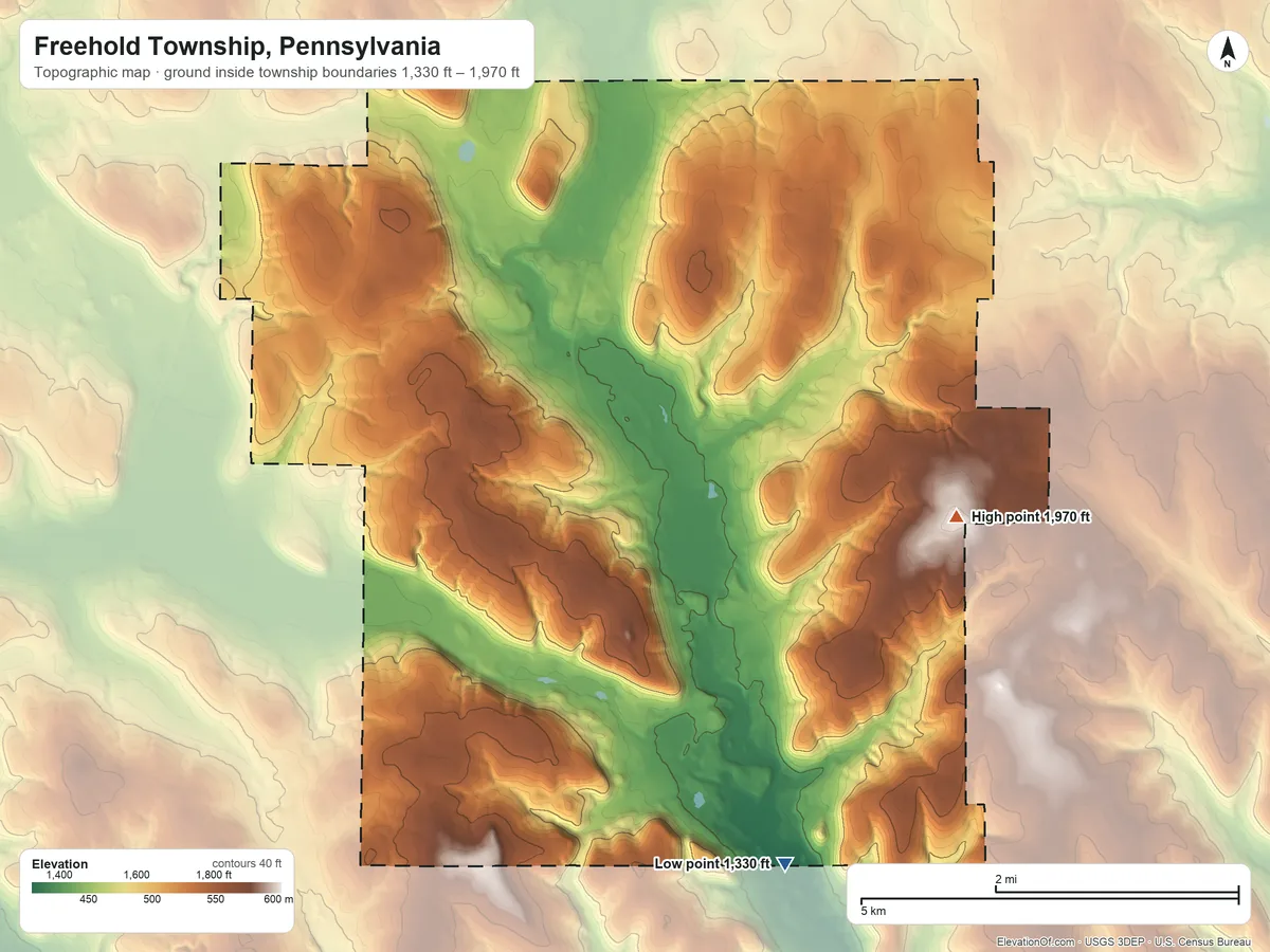 Topographic elevation map of Freehold Township, Pennsylvania, shaded from 1,330 ft on the south side to 1,970 ft on the east side