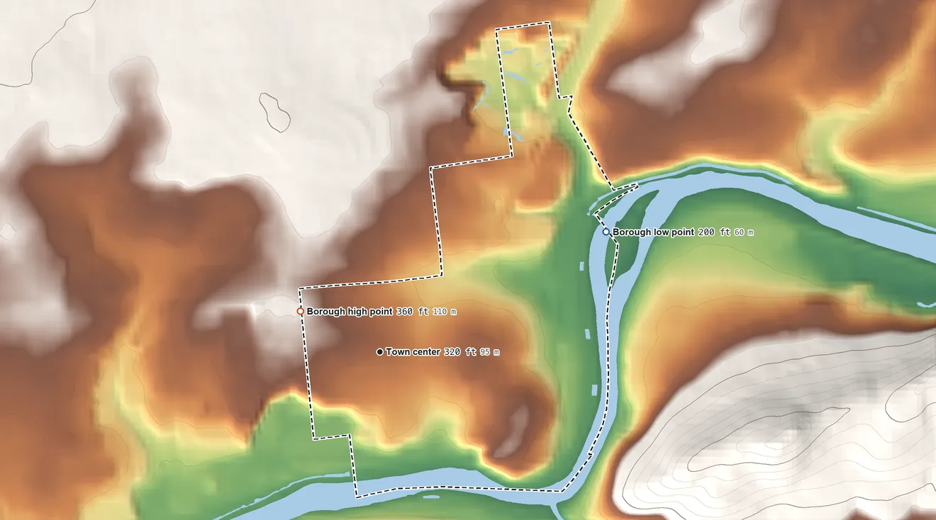 Topographic elevation map of Freemansburg, Pennsylvania, shaded from 200 ft on the northeast side to 360 ft on the northwest edge, below higher ground just outside