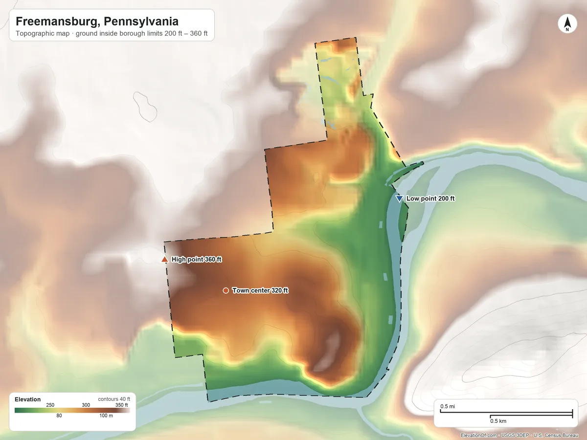 Topographic elevation map of Freemansburg, Pennsylvania, shaded from 200 ft on the northeast side to 360 ft on the northwest edge, below higher ground just outside