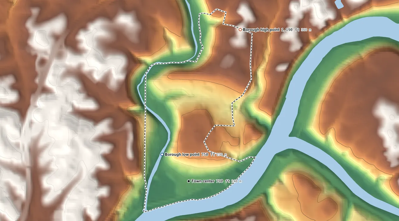 Topographic elevation map of Freeport, Pennsylvania, shaded from 750 ft on the northwest side to 1,190 ft on the north side