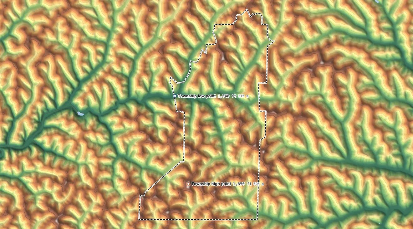 Topographic elevation map of Freeport Township, Pennsylvania, shaded from 1,040 ft on the northwest side to 1,650 ft on the southwest side