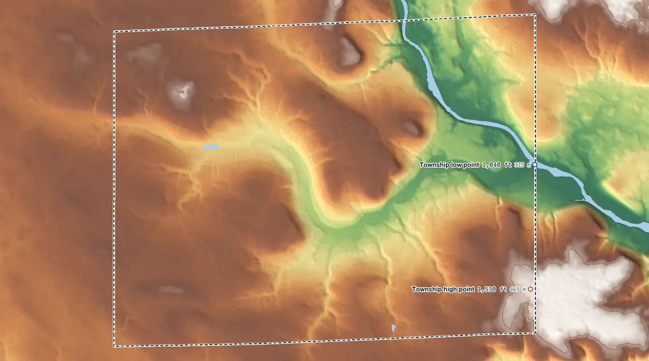 Topographic elevation map of French Creek Township, Pennsylvania, shaded from 1,040 ft on the east side to 1,530 ft on the southeast side