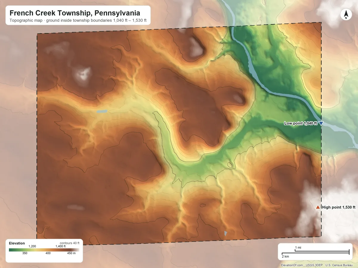 Topographic elevation map of French Creek Township, Pennsylvania, shaded from 1,040 ft on the east side to 1,530 ft on the southeast side