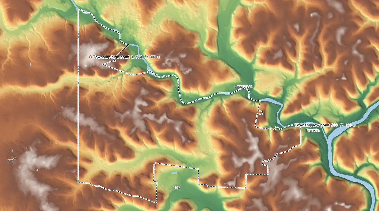 Topographic elevation map of Frenchcreek Township, Pennsylvania, shaded from 980 ft on the east side to 1,570 ft on the northwest side