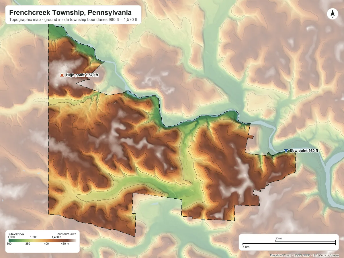 Topographic elevation map of Frenchcreek Township, Pennsylvania, shaded from 980 ft on the east side to 1,570 ft on the northwest side