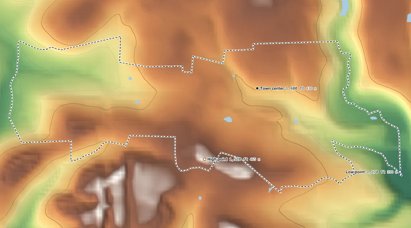 Topographic elevation map of Frenchville, Pennsylvania, shaded from 1,270 ft on the southeast side to 1,520 ft on the southwest side