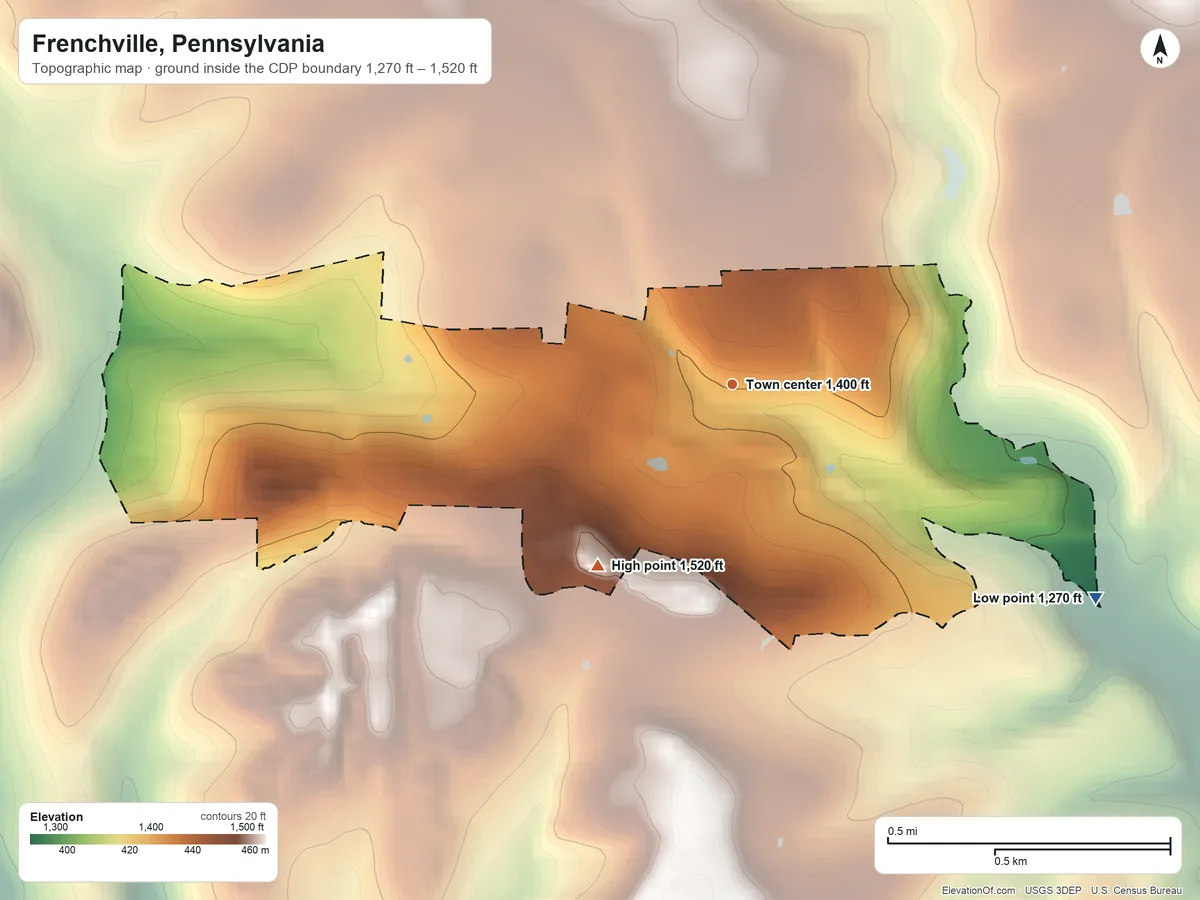 Topographic elevation map of Frenchville, Pennsylvania, shaded from 1,270 ft on the southeast side to 1,520 ft on the southwest side