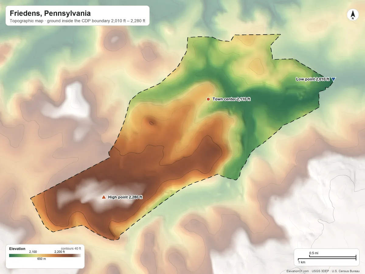 Topographic elevation map of Friedens, Pennsylvania, shaded from 2,010 ft on the east side to 2,280 ft on the southwest side