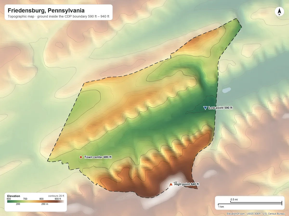Topographic elevation map of Friedensburg, Pennsylvania, shaded from 590 ft on the east side to 940 ft on the east side