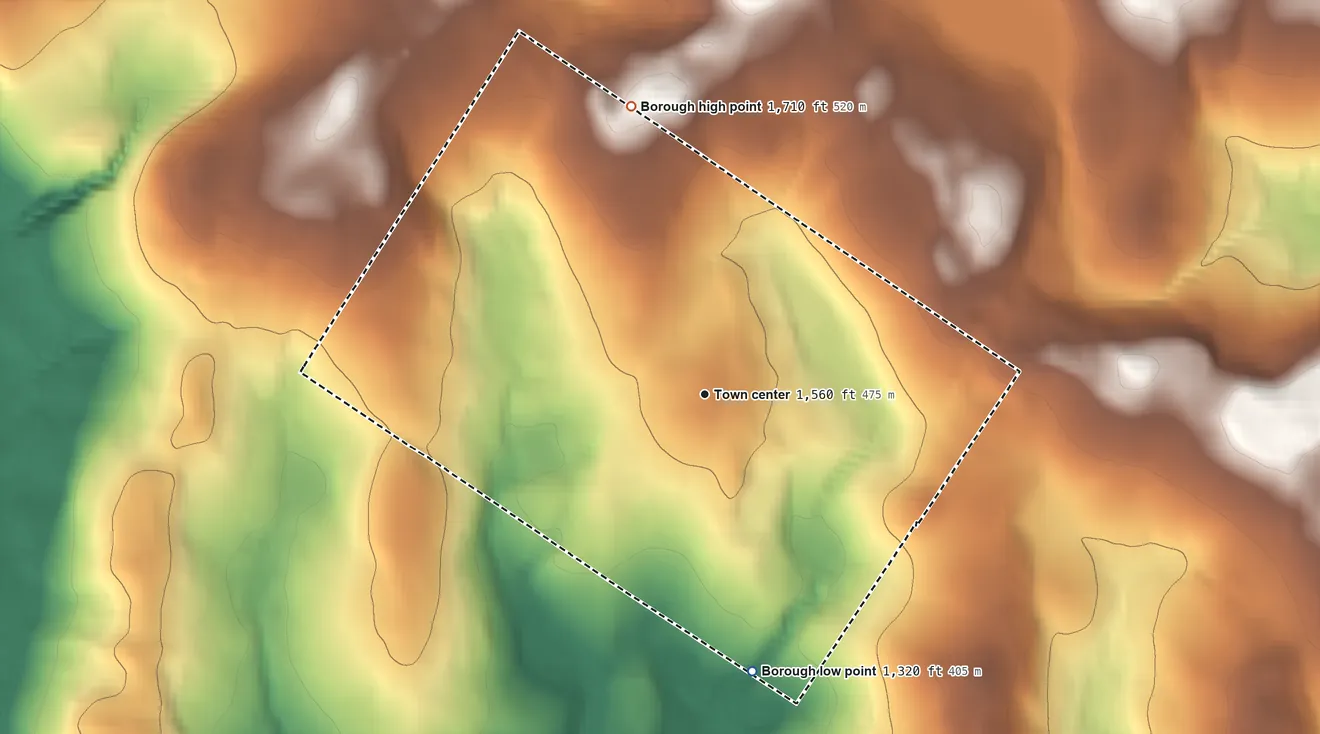 Topographic elevation map of Friendsville, Pennsylvania, shaded from 1,320 ft on the south side to 1,710 ft on the north side