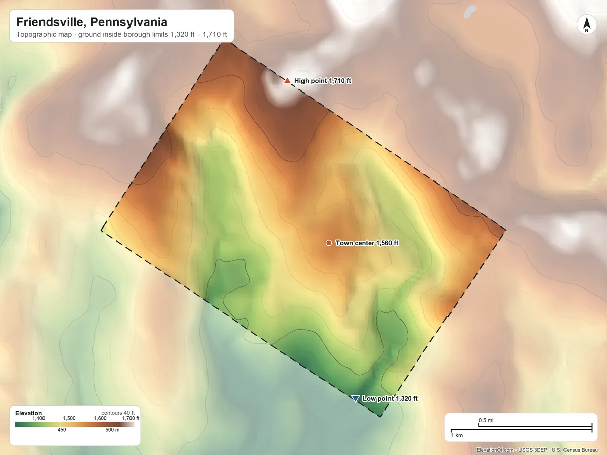 Topographic elevation map of Friendsville, Pennsylvania, shaded from 1,320 ft on the south side to 1,710 ft on the north side