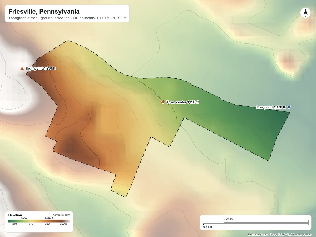 Topographic elevation map of Friesville, Pennsylvania, shaded from 1,170 ft on the east side to 1,290 ft at the foot of the Tussey Mountain